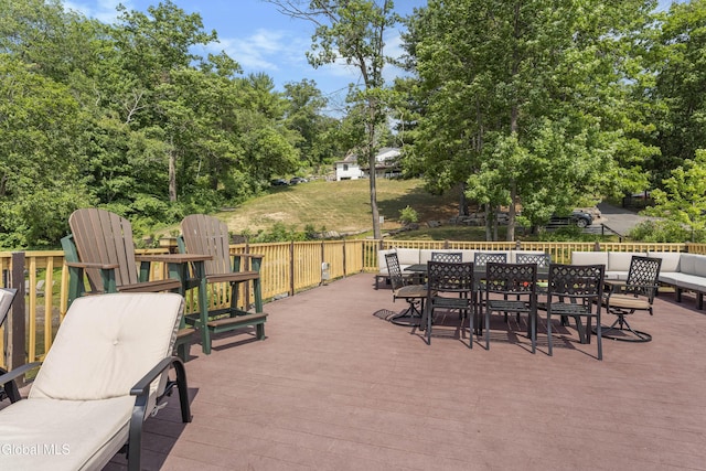 55 Trinity Rock Rd, Lake George, NY 12845 - view of patio with outdoor dining area, an outdoor living space, a wooden deck, and view of wooded area