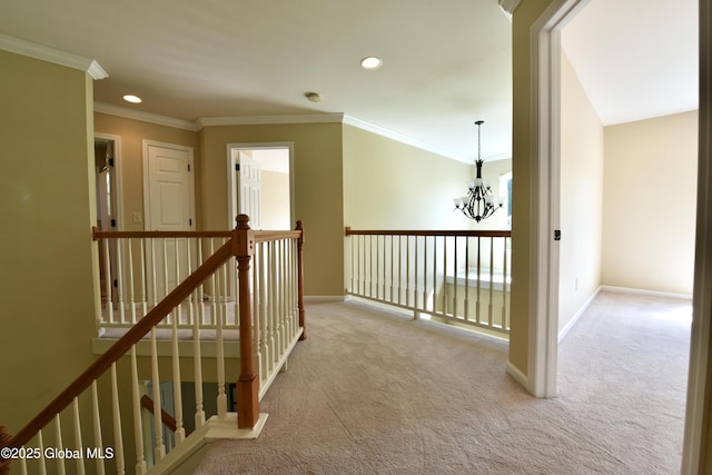 96 Masters Cmn N, Queensbury, NY 12804 - corridor with carpet, a chandelier, recessed lighting, ornamental molding, and an upstairs landing