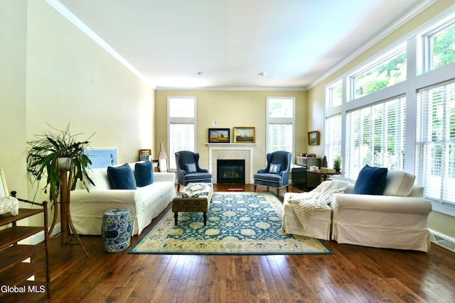 96 Masters Cmn N, Queensbury, NY 12804 - living area featuring healthy amount of natural light, ornamental molding, wood-type flooring, and a tiled fireplace