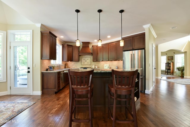 96 Masters Cmn N, Queensbury, NY 12804 - kitchen featuring custom range hood, dark wood finished floors, a center island, tasteful backsplash, and stainless steel appliances