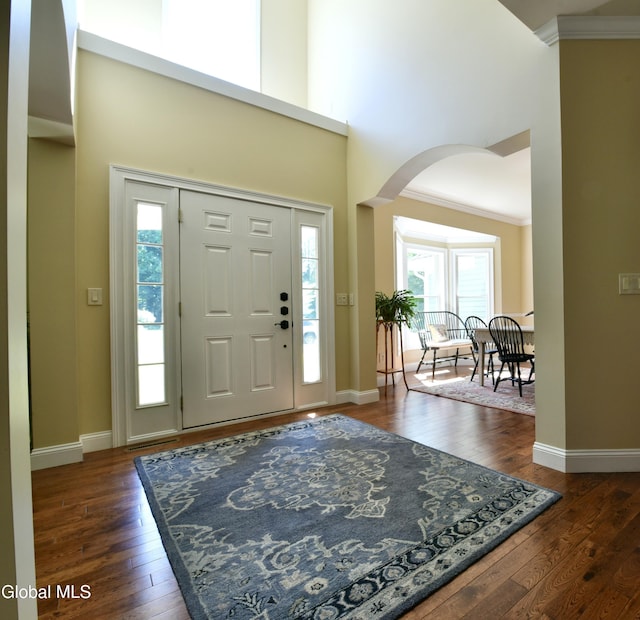 96 Masters Cmn N, Queensbury, NY 12804 - foyer entrance featuring arched walkways, plenty of natural light, crown molding, a high ceiling, and dark wood-style floors