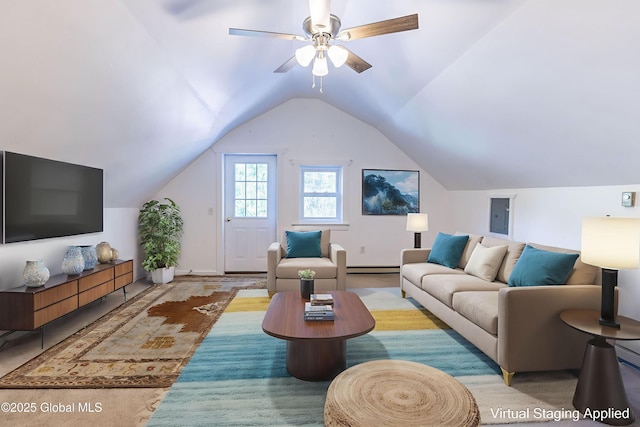 17564 State Route 22, Berlin, NY 12022 - living area featuring lofted ceiling, a ceiling fan, a baseboard heating unit, and electric panel