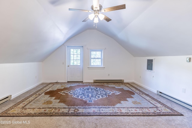 17564 State Route 22, Berlin, NY 12022 - bonus room featuring a baseboard heating unit, electric panel, vaulted ceiling, a ceiling fan, and carpet