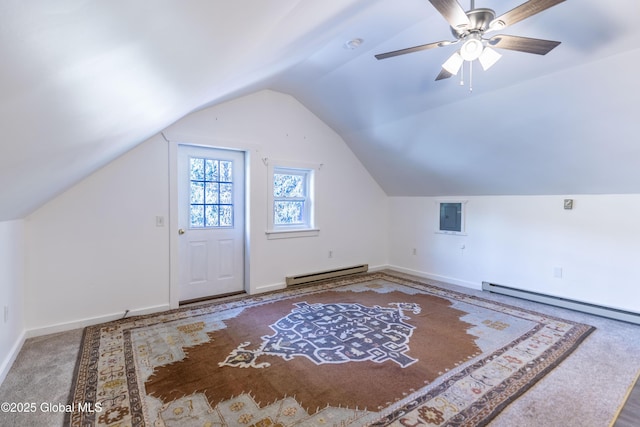 17564 State Route 22, Berlin, NY 12022 - bonus room featuring baseboard heating, electric panel, vaulted ceiling, ceiling fan, and carpet flooring