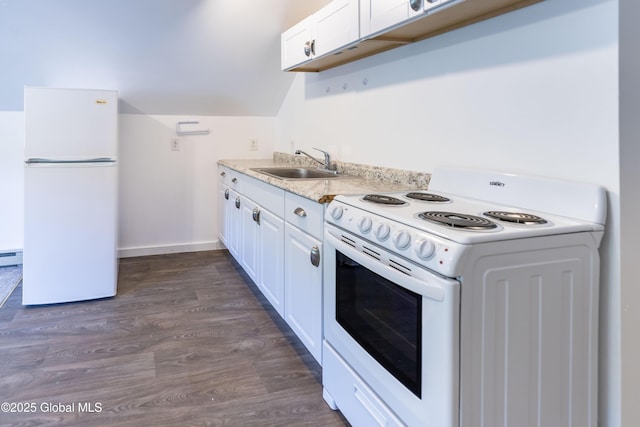 17564 State Route 22, Berlin, NY 12022 - kitchen featuring white appliances, dark wood-style flooring, and white cabinetry