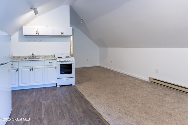 17564 State Route 22, Berlin, NY 12022 - kitchen with white appliances, lofted ceiling, white cabinets, baseboard heating, and dark wood finished floors