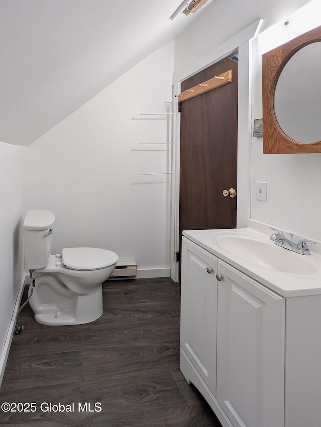 17564 State Route 22, Berlin, NY 12022 - bathroom with vanity, vaulted ceiling, wood finished floors, and a baseboard radiator