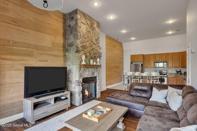 8 Trailside Dr Unit B10, Hunter, NY 12442 - living room featuring wood walls, wood finished floors, a stone fireplace, and recessed lighting