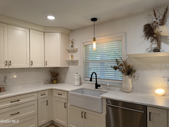32 Winnie St, Albany, NY 12208 - kitchen featuring dishwasher, open shelves, backsplash, and recessed lighting