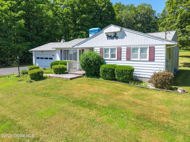 921 Altamont Voorheesville Rd, Altamont, NY 12009 - ranch-style home with a garage, a front yard, driveway, and a chimney