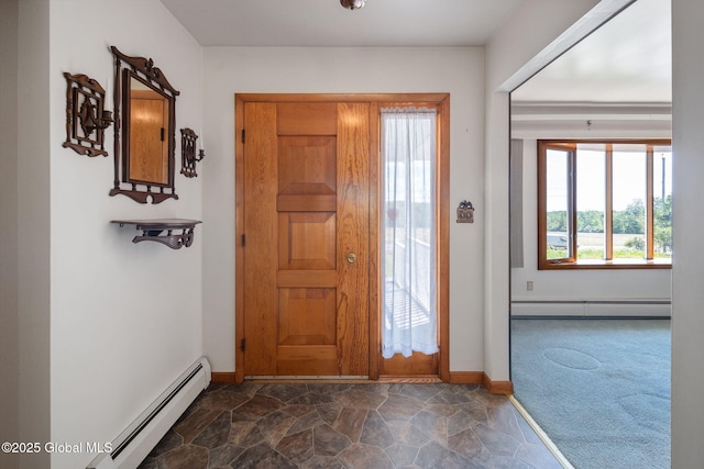 921 Altamont Voorheesville Rd, Altamont, NY 12009 - entryway with a baseboard heating unit, dark colored carpet, and dark stone finish floors