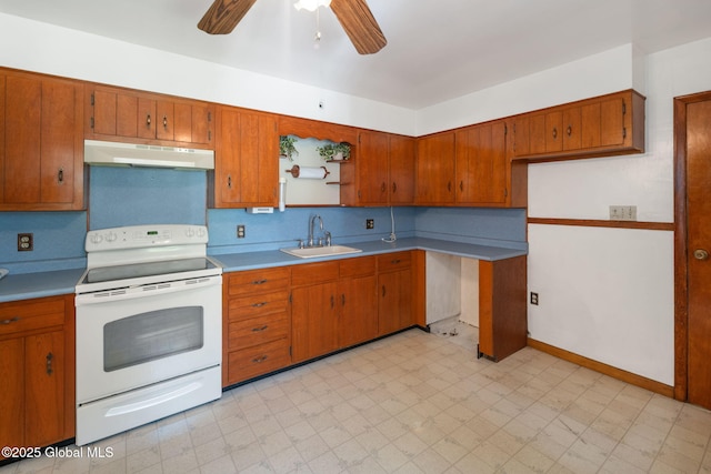 921 Altamont Voorheesville Rd, Altamont, NY 12009 - kitchen featuring white electric stove, under cabinet range hood, open shelves, brown cabinets, and a ceiling fan