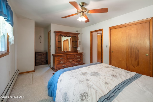 921 Altamont Voorheesville Rd, Altamont, NY 12009 - bedroom featuring baseboard heating, carpet floors, a closet, and a ceiling fan