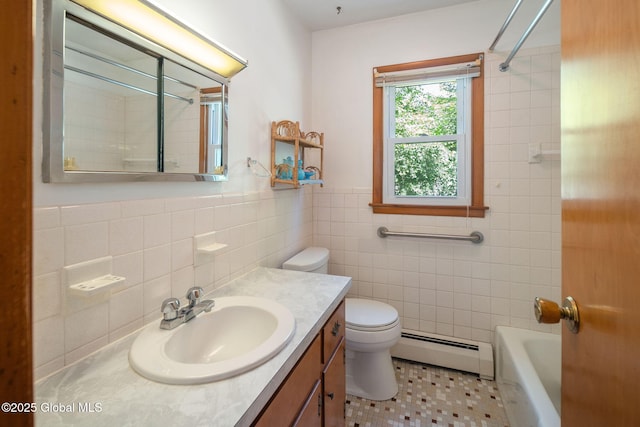 921 Altamont Voorheesville Rd, Altamont, NY 12009 - bathroom with a baseboard heating unit, tile walls, vanity, tile patterned flooring, and shower / tub combination