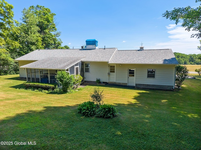 921 Altamont Voorheesville Rd, Altamont, NY 12009 - rear view of property with a lawn, a sunroom, a shingled roof, and a chimney