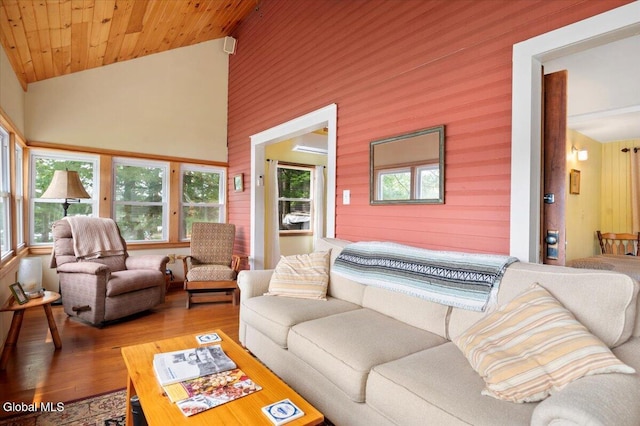 2235 Oaks Rd, Argyle, NY 12809 - living area featuring wood finished floors, wooden walls, wood ceiling, and high vaulted ceiling