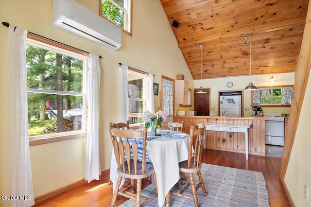 2235 Oaks Rd, Argyle, NY 12809 - dining room with an AC wall unit, wood finished floors, high vaulted ceiling, and wooden ceiling