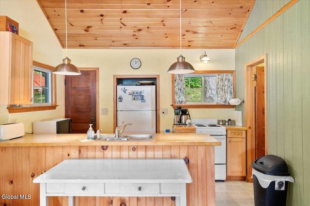 2235 Oaks Rd, Argyle, NY 12809 - kitchen with white appliances, lofted ceiling, wooden ceiling, light countertops, and pendant lighting