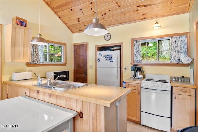 2235 Oaks Rd, Argyle, NY 12809 - kitchen with white appliances, light brown cabinets, wooden ceiling, light countertops, and lofted ceiling