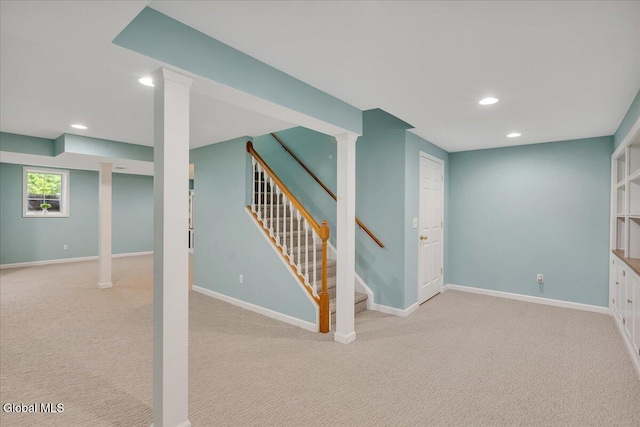 3 Lucille Ln, Malta, NY 12019 - basement featuring carpet flooring, recessed lighting, and stairway