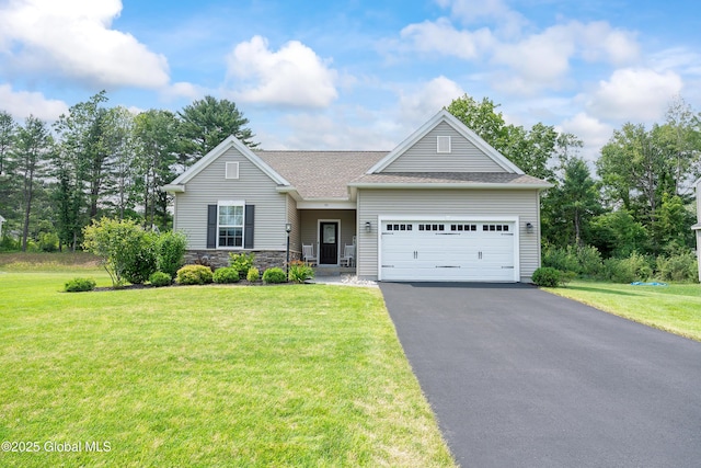 55 Winterberry Ln, Moreau, NY 12828 - view of front of home with a garage, driveway, a front yard, and stone siding