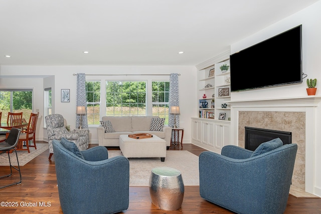 55 Winterberry Ln, Moreau, NY 12828 - living room featuring healthy amount of natural light, recessed lighting, dark wood finished floors, and a high end fireplace