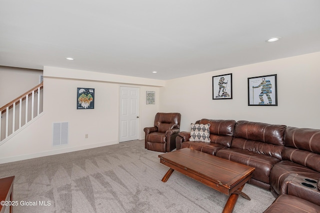 55 Winterberry Ln, Moreau, NY 12828 - living room featuring stairway, carpet, and recessed lighting