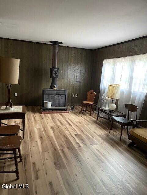 129 Moan And Groan Rd, Hope, NY 12134 - living area with light wood-type flooring, wooden walls, and a wood stove