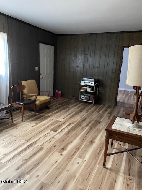 129 Moan And Groan Rd, Hope, NY 12134 - sitting room featuring wooden walls and light wood-type flooring