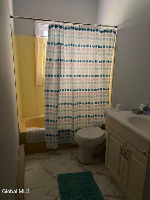 129 Moan And Groan Rd, Hope, NY 12134 - bathroom featuring marble finish flooring, vanity, and shower / tub combo with curtain