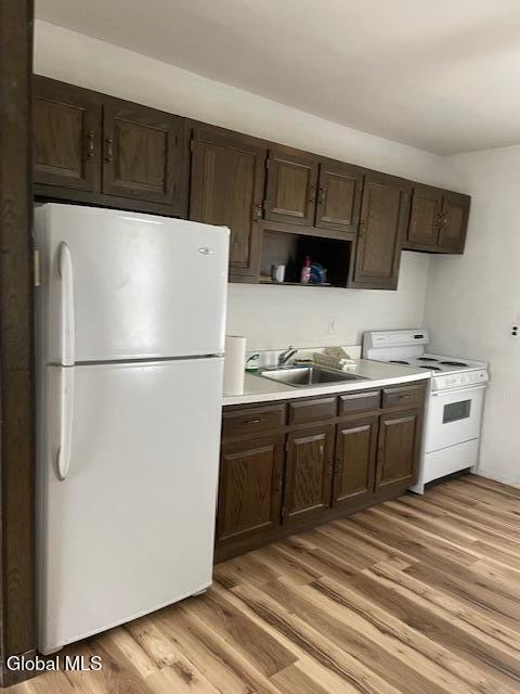 129 Moan And Groan Rd, Hope, NY 12134 - kitchen with white appliances, dark brown cabinetry, light wood-style flooring, and light countertops