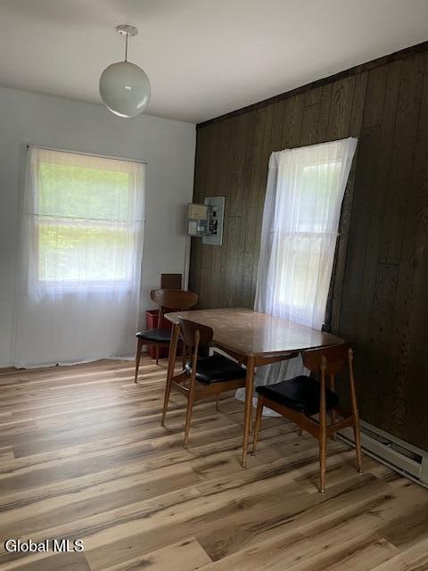 129 Moan And Groan Rd, Hope, NY 12134 - dining space with wood walls and light wood-type flooring