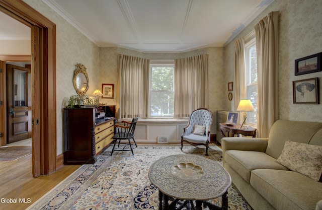 202 W 1st Ave, Johnstown, NY 12095 - sitting room with light wood-style floors, wallpapered walls, and crown molding