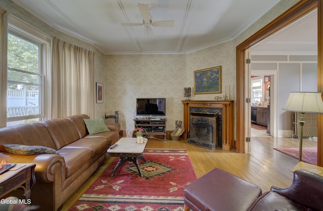 202 W 1st Ave, Johnstown, NY 12095 - living area featuring wood finished floors, ceiling fan, and crown molding