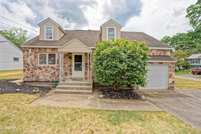 2834 Halsey Dr, Schenectady, NY 12304 - new england style home featuring stone siding, roof with shingles, driveway, a garage, and a front yard