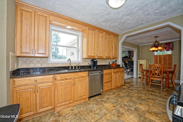 2834 Halsey Dr, Schenectady, NY 12304 - kitchen with dishwasher, tasteful backsplash, a chandelier, decorative light fixtures, and dark stone finish flooring