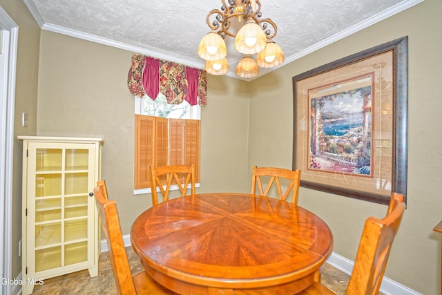 2834 Halsey Dr, Schenectady, NY 12304 - dining space featuring a chandelier, a textured ceiling, and crown molding