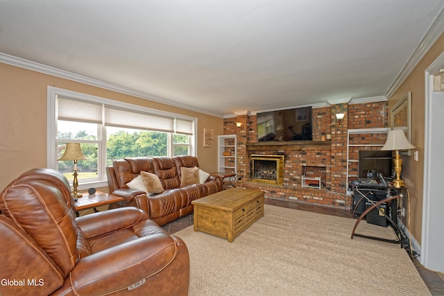 2834 Halsey Dr, Schenectady, NY 12304 - living area featuring a brick fireplace and ornamental molding