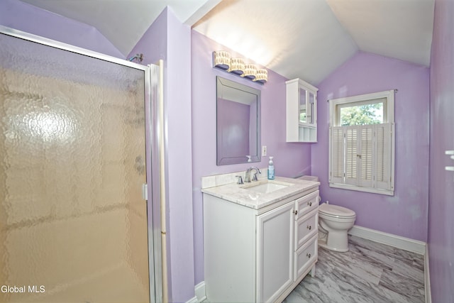 2834 Halsey Dr, Schenectady, NY 12304 - full bath featuring vaulted ceiling, a shower stall, vanity, and marble look tiles