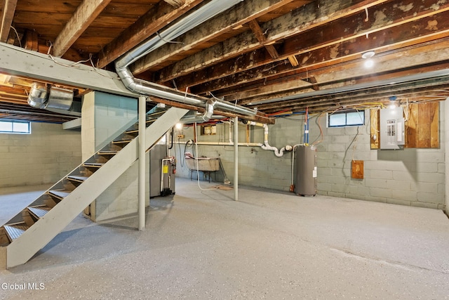479 Albany Shaker Rd, Colonie, NY 12211 - below grade area featuring electric water heater, stairs, and electric panel