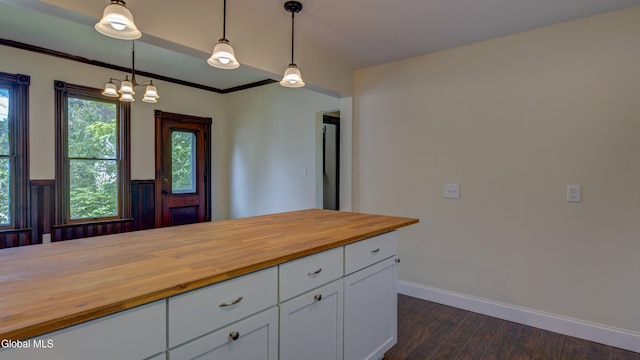 200 Fon Clair St, Johnstown, NY 12095 - kitchen featuring wooden counters, dark wood-style floors, white cabinets, pendant lighting, and a chandelier
