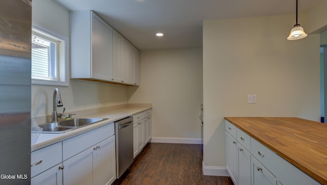 200 Fon Clair St, Johnstown, NY 12095 - kitchen with dishwasher, wood counters, dark wood-style floors, white cabinets, and recessed lighting