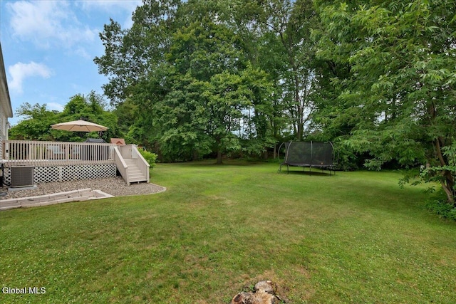 33 Comely Ln, Colonie, NY 12110 - view of green lawn featuring a trampoline and a wooden deck