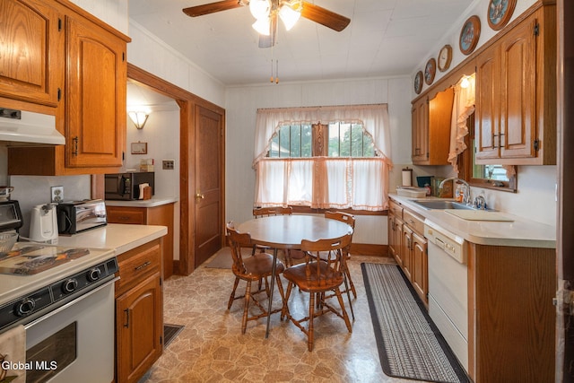 1659 State Route 7, Cobleskill, NY 12043 - kitchen with white appliances, under cabinet range hood, light countertops, ceiling fan, and crown molding