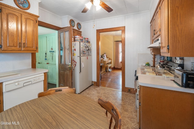 1659 State Route 7, Cobleskill, NY 12043 - kitchen featuring white appliances, a ceiling fan, exhaust hood, light countertops, and ornamental molding