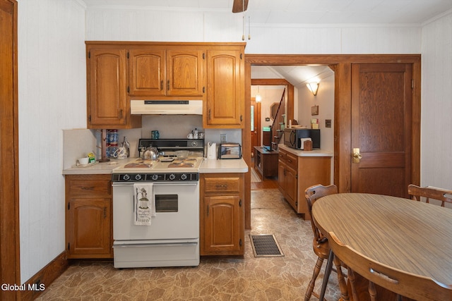1659 State Route 7, Cobleskill, NY 12043 - kitchen featuring electric range, under cabinet range hood, ornamental molding, light countertops, and brown cabinetry