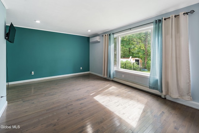 654 Sand Creek Rd, Colonie, NY 12205 - empty room featuring a wall mounted air conditioner, baseboard heating, wood-type flooring, crown molding, and recessed lighting