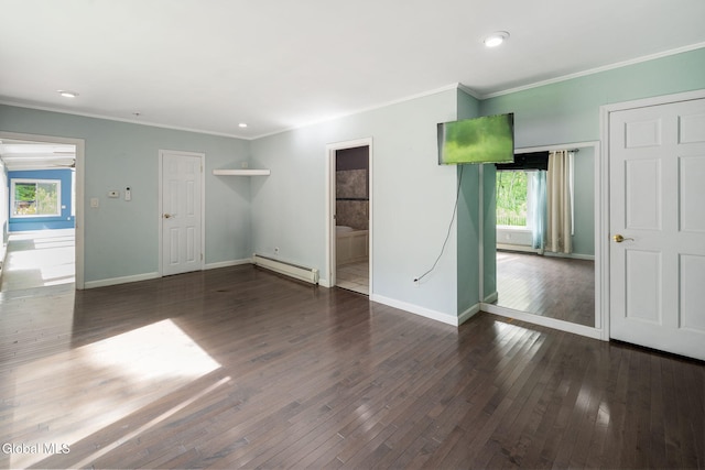654 Sand Creek Rd, Colonie, NY 12205 - unfurnished living room with baseboard heating, crown molding, hardwood / wood-style flooring, and recessed lighting