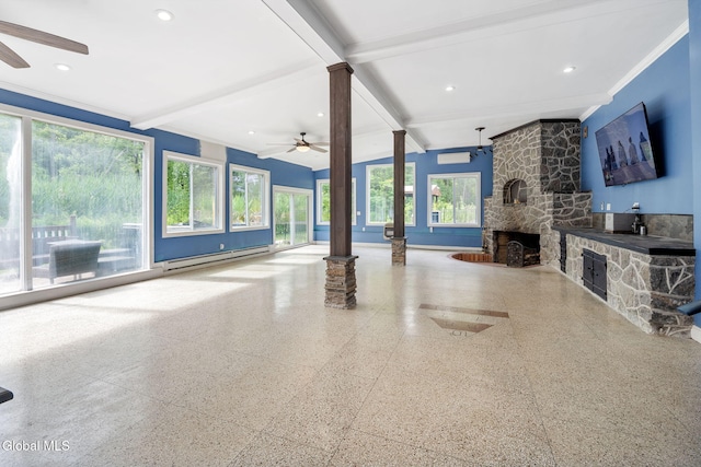 654 Sand Creek Rd, Colonie, NY 12205 - living room with decorative columns, a ceiling fan, baseboard heating, beam ceiling, and a fireplace