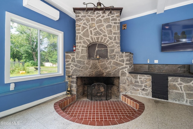 654 Sand Creek Rd, Colonie, NY 12205 - living area featuring a wall mounted AC, a fireplace, and crown molding